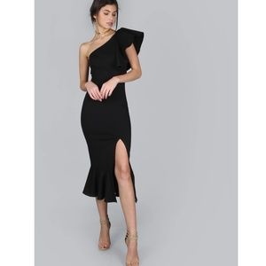 Black Ruffle Detail Leg Slit Midi Dress